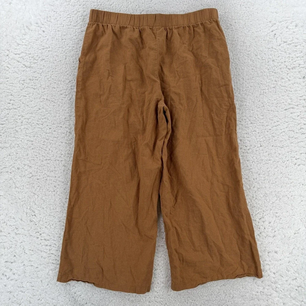 Felina Pants Womens M Brown Linen Cropped Wide Leg Elastic Waist Casual Pockets